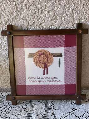 Vintage Home Is Where You Hang Your Memories Cross Stitch Wall Art in Wood Frame